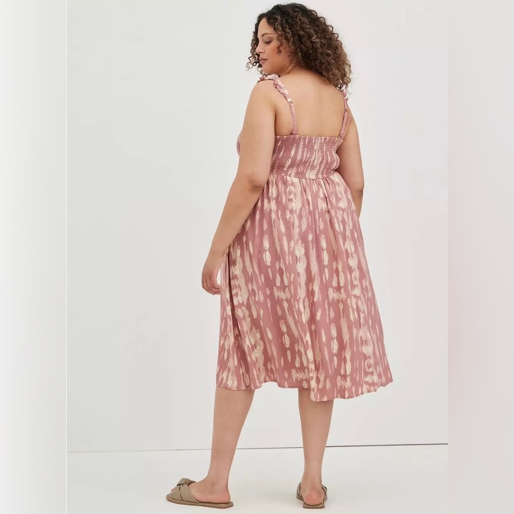 Torrid Midi Challis Dress Smocked Tiered Tie-Dye Pink, Plus Size 4X 26W Coquette - Picture 4 of 8